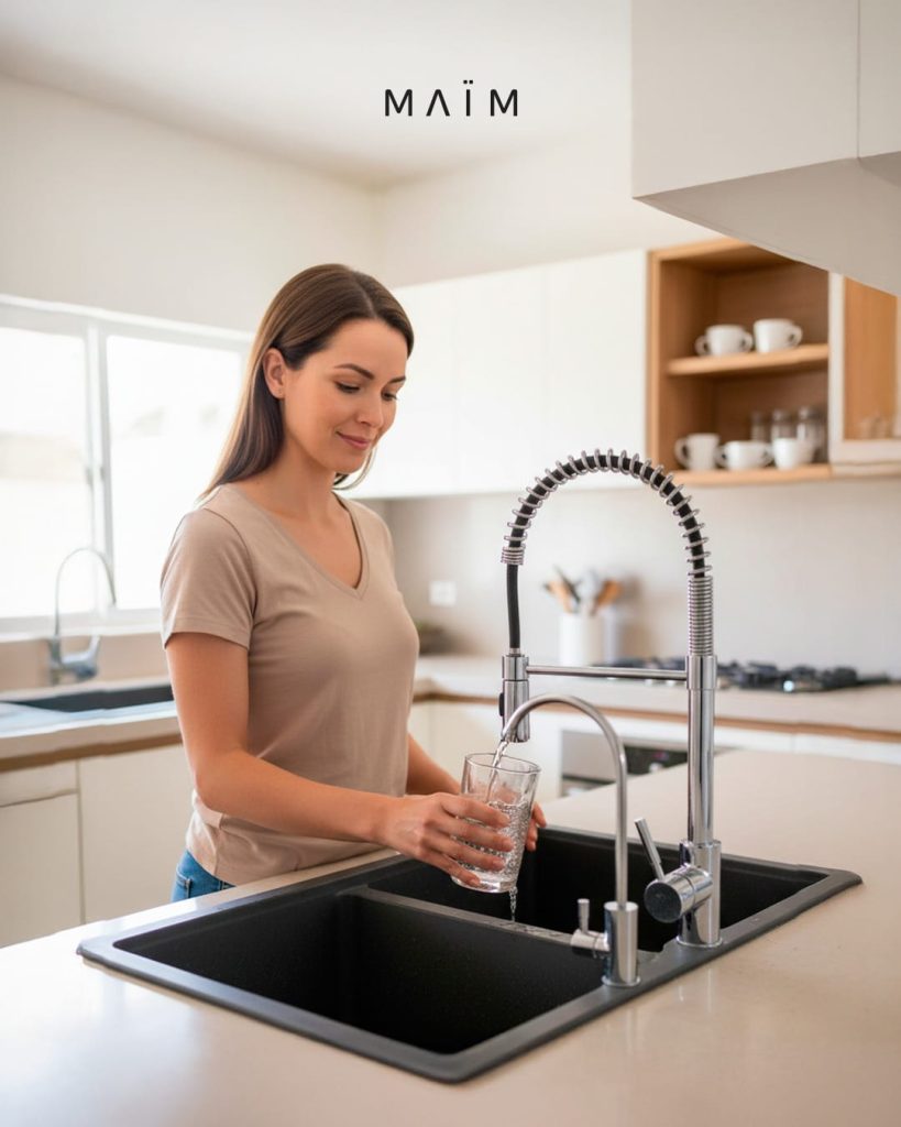 mujer sirviéndose agua purificada
