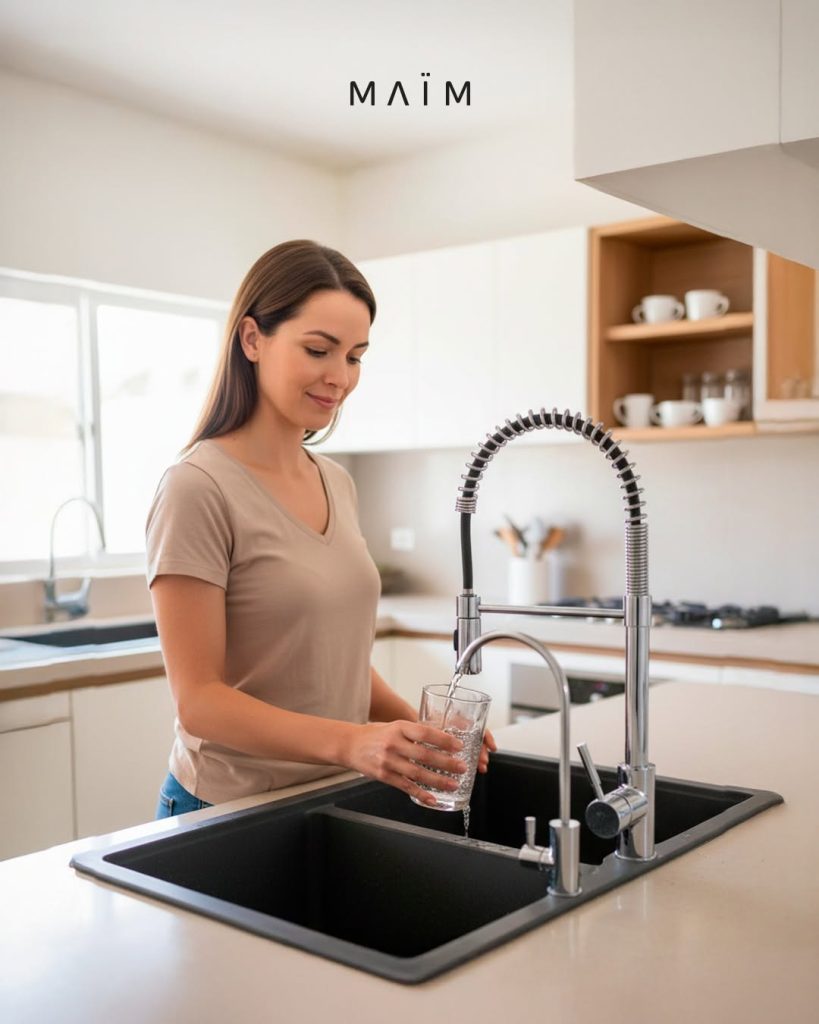 mujer sirviendo agua en grifo